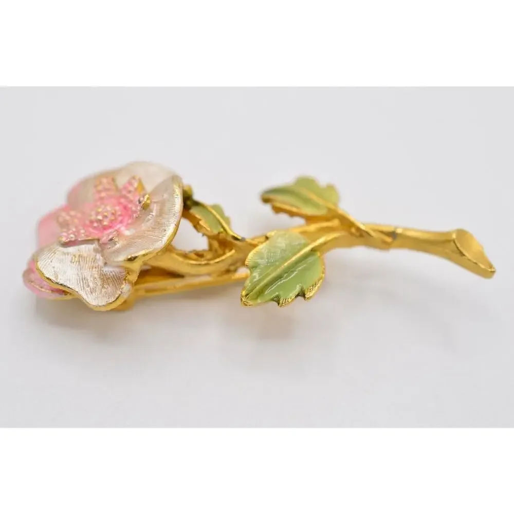 Vintage Flower Pin Brooch Brushed Gold Pastel Blush Pink Enamel Rose 1980s 9B